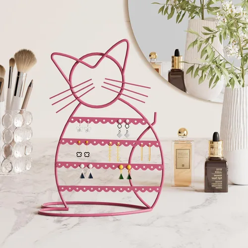 Miniatura 9 de Urban Deco Soporte Organizador de Joyas en Forma de Gato - Soporte para Aretes con 48 Agujeros para Pernos, Organizador de Tocador de Metal