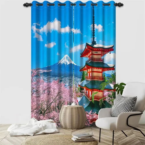 Miniatura 148 de Cortinas japonesas con pintura de tinta, monte Fuji, sol rojo, puesta de sol, hojas de bambú, cortinas de ventana para dormitorio, sala de estar