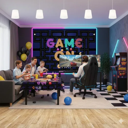 Miniatura 3 de Ticuenicoa Fondo de juego en laberinto de 5 x 3 pies, decoraciones de fiesta de videojuegos y suministros de fiesta de juegos, luces coloridas
