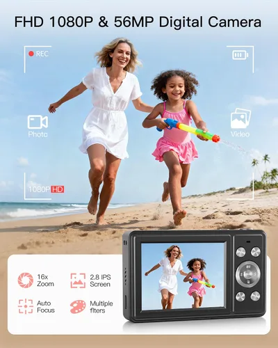Miniatura 2 de Cámara digital, cámara FHD 1080P para apuntar y disparar con tarjeta SD de 32 GB, 2 baterías, zoom 16X, antivibraciones, diseño pequeño compacto