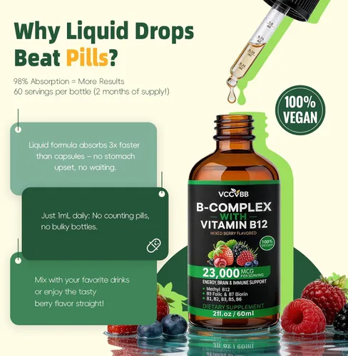 Miniatura 7 de Gotas de complejo de vitamina B, metilcobalamina activa B12 5000mcg, B6, B1, B2, B5, B7, B3, folato con vitamina C, líquido sublingual B12