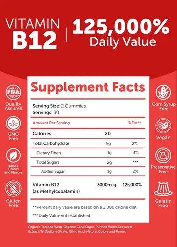 Miniatura 5 de Lunakai Gomitas de vitamina B12 extra fuertes de 3000 mcg, hechas en Estados Unidos, delicioso apoyo diario de energía y metabolismo, suplemento