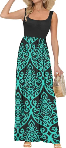 Miniatura 17 de AUSELILY Vestido largo con cuello cuadrado para mujer, sin mangas, floral, holgado, con bolsillos