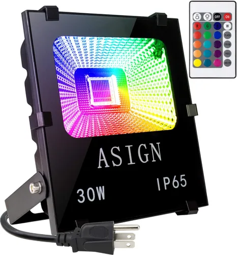 ASIGN - Reflector LED RGB de 10 W, 20 W, 30 W, 50 W, 100 W, luz de seguridad LED que cambia de color, 16 colores y 4 modos con control remoto,