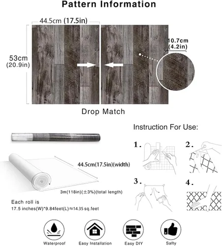 Miniatura 4 de MulYeeh Papel tapiz gris de 17.7 x 472 pulgadas, papel tapiz de tablones de madera sintética, autoadhesivo, extraíble, revestimiento de pared Marrón