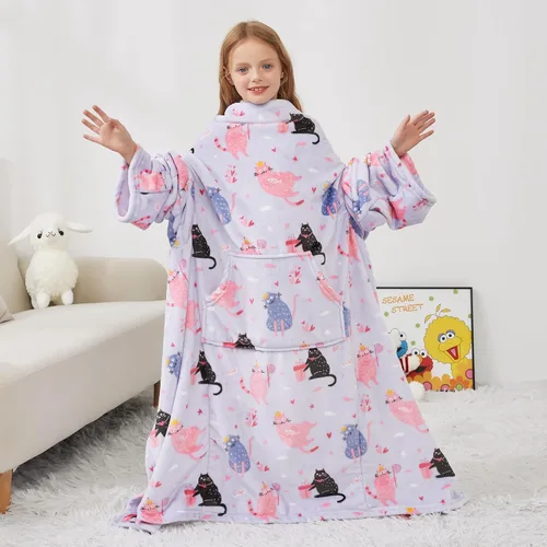 Miniatura 7 de Softan Manta de forro polar para niños con mangas y bolsillo para el pie para niños y niñas, manta ligera y suave, diseño de gato