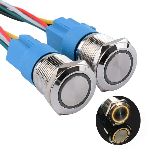 Miniatura 18 de Paquete de 2 interruptores de botón momentáneos de 0.63 pulgadas, 12 V-24 V, LED, impermeable, de metal, 1 NO 1 NC, con enchufe de cable