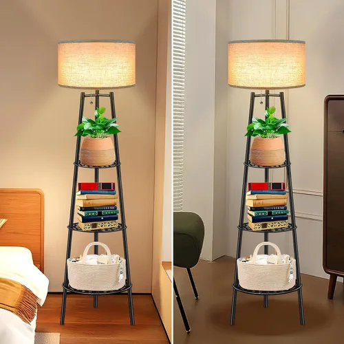 ZQQLITE 2 lámparas de pie negras con estantes para sala de estar, lámpara de pie, lámpara alta, Amparas elegantes para sala con pantalla de lino,