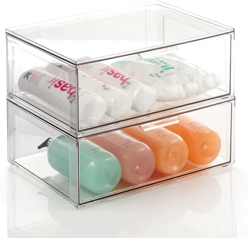 Miniatura 15 de mDesign - Contenedores organizadores de almacenamiento de baño apilables de plástico con cajón frontal extraíble para encimera de baño, tocador