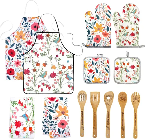 13 piezas de accesorios de cocina The Pioneer Woman incluyen 5 lindas cucharas de madera y 2 guantes de cocina Pioneer Woman y 2 soportes para