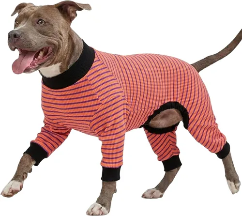 Miniatura 8 de LovinPet - Pijama y camiseta de algodón puro para perros gigantes, diseño a rayas de color amarillo y negro, de 4 patas, protección que cubre todo