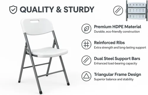 Miniatura 8 de BTEXPERT Silla plegable blanca con marco de acero, silla plegable comercial resistente, asiento de plástico HDPE, silla de eventos para interiores