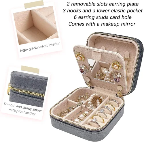 Miniatura 4 de Soddeph Joyero de terciopelo con espejo, mini estuche de joyería de viaje, estuche de viaje de joyería de felpa, pequeño organizador de joyas