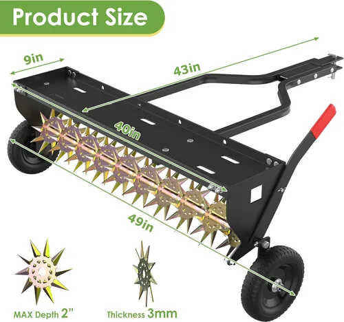 Miniatura 6 de Seeutek Aireador de remolque de 40 pulgadas, aireador de césped rodante resistente con púas de acero 3D y bandeja de peso, barra de remolque extra