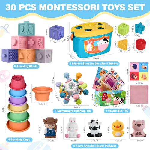 Miniatura 2 de Juguetes para bebés de 6 a 12 meses, juguetes Montessori 6 en 1 para niños de 1 año, juguete sensorial suave para dentición, tazas y bloques