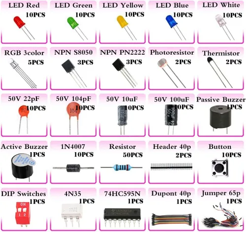 Miniatura 2 de Electronics Basic Starter Fun Kit con cables de puente, condensador de resistencias, LED, diodos transistor para bricolaje, Arduino UNO R3