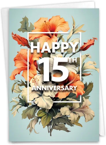 Miniatura 12 de NobleWorks - Tarjeta de felicitación del aniversario del 15º aniversario con sobre de 5 x 7 para hombres y mujeres (1 tarjeta) Pareja floral 15