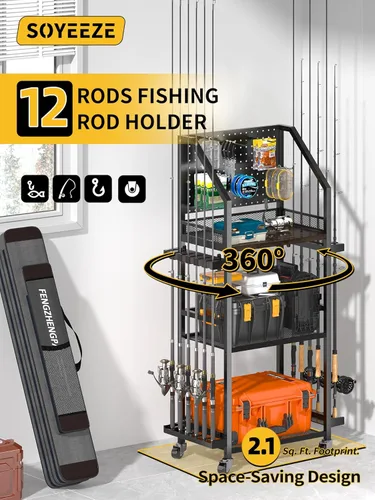 Miniatura 2 de SOYEEZE Soportes para caña de pescar para garaje, soportes para caña de pescar de hasta 12 cañas con tablero de clavijas y ganchos, carrito de pesca