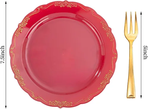 Miniatura 2 de LIYH 100 Platos de Postre de Plástico Burdeos Dorado con 100 Tenedores de Postre Dorados, Platos de Ensalada Rojos Desechables Incluye 100 Platos
