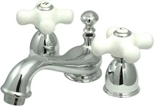 Miniatura 4 de Kingston Brass KS3958PX Restoration Mini Grifo de Lavabo con Mango Cruzado de Porcelana, Níquel Satinado, Centro Ajustable de 4 Pulgadas cepillado