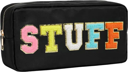 Miniatura 8 de DYSHAYEN Bolsa de Cosméticos de Nylon Pequeña, Bolsa de Maquillaje Preppy de Viaje para Mujeres y Niñas con Parches de Letras de Chenilla, Beige-Skin
