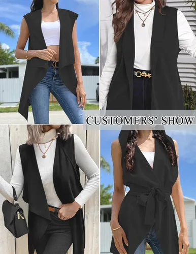 Miniatura 5 de Grabsa Cárdigan sin mangas para mujer, chalecos a la moda, elegante, asimétrico, con capucha, frente abierto, gabardina con cinturón