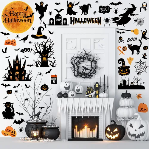 Miniatura 6 de Haull 6 hojas de calcomanías de pared de Halloween, calcomanías de pared reutilizables para ventana de Halloween, acuarela, bruja, murciélagos