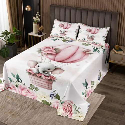 Miniatura 7 de Manfei Lindo pingüino para niños, tamaño individual, juego de colcha de princesa con lazo rosa con globo aerostático, decoración de habitación