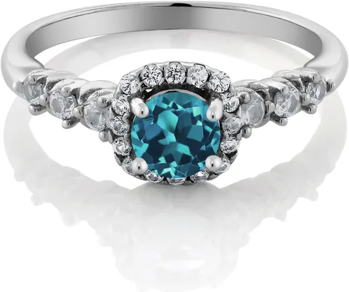 Miniatura 3 de Anillo de compromiso con piedra natal y zafiro blanco creado para mujer en plata de ley 925 Centro redondo de 0.197 in con detalles de 0.079