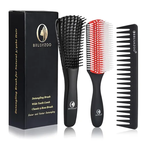 Miniatura 7 de BRUSHZOO - Juego de cepillos desenredantes para mujeres, hombres y niños, desenredante y masaje de cabello, cepillo de pelo rizado para cabello Negro