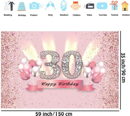 Miniatura 2 de Decoraciones de cumpleaños número 30 para mujer, cartel de fondo de feliz cumpleaños 30, cartel de tela para fiesta de aniversario de 30 años