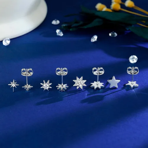 Miniatura 6 de 4 Pairs White Gold Star Stud Earrings for Women Celestial Hypoallergenic Silver Stud Earrings Set for Sensitive Ears