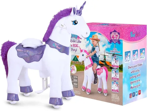 Miniatura 9 de PonyCycle Unicornio de Montar para Niños de 4-7 años con Freno, Regalos de Unicornio para Niñas (35.4" de Altura/Talla 4) Felpa Interactiva de Morado