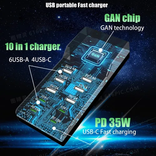 Miniatura 6 de Bloque de cargador USB de 10 puertos - 100W6A4C Hub de puerto USB múltiple para iPhone/iPad/Samsung Galaxy Note Tablet Android Smartphone Negro