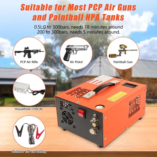 Miniatura 3 de Compresor de aire PCP, compresor PCP portátil de 4500 PSI, compresor de pistola de aire PCP de 12 V CC/110 V CA Parada manual, con adaptador