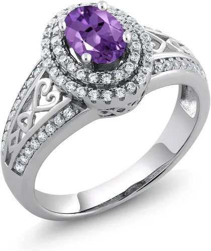Miniatura 68 de Anillo de compromiso con halo de piedra preciosa y piedra natal en plata chapada en oro amarillo de 18 quilates, ovalado, 0.236 x 0.157 pulgadas