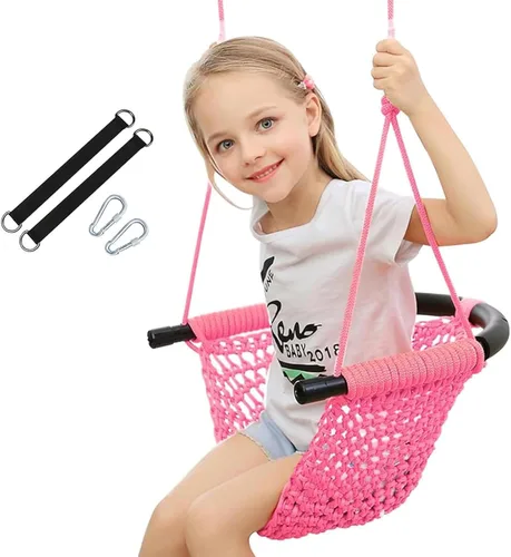 Columpio tejido a mano para niños, columpio para niños con cuerdas ajustables, juego de columpio seguro para niños, para interiores, exteriores, Rosa