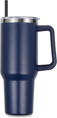 Miniatura 11 de DOMICARE Vaso de 40 oz con asa y pajita, vaso de acero inoxidable con tapa y pajita, reutilizable, aislado al vacío, taza para café de viaje