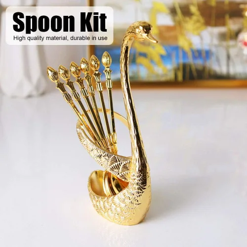 Miniatura 7 de Kit de cuchara de café con soporte en forma de cisne de aleación de zinc y 6 cucharas de café de acero inoxidable, juego de cucharas de comida