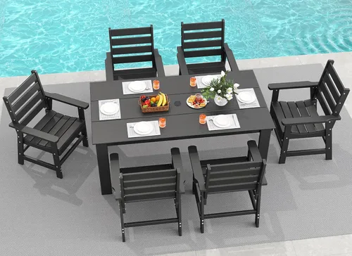 GREENVINES Juego de comedor al aire libre de 7 piezas | Juegos de mesa y sillas de plástico HDPE de 67 pulgadas para 6 | Muebles de patio | Todo