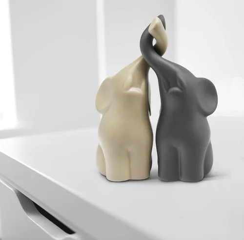 Miniatura 2 de Vaudagio Pareja Amorosa de Elefantes en Beige y Gris - Escultura Moderna de Cerámica - Figura Decorativa como Juego - Figura de Decoración 16 cm