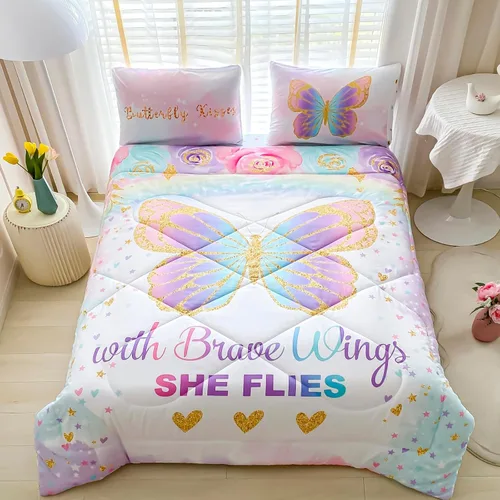 Miniatura 5 de Cokouchyi Juego de edredón tamaño Twin para niñas, 5 piezas cama en una bolsa, juego de sábanas de edredón de mariposas coloridas 3D, ultra suave