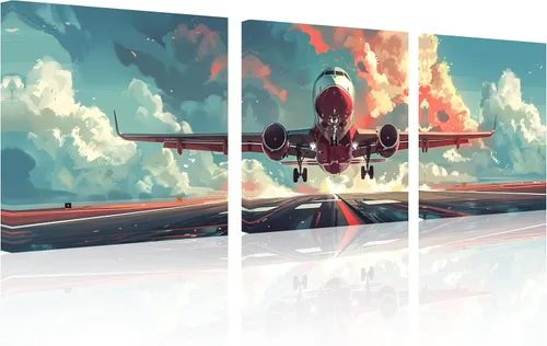 Miniatura 16 de TutuBeer 3 Panels Airplane Wall Art Airplane Posters for Walls Aircraft at Sunrise Plane Pictures for Living Room Bedroom Boys Room Home Decor