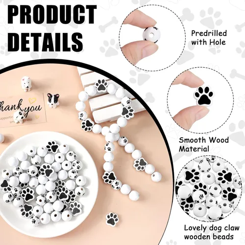 Miniatura 4 de 120 cuentas de madera de pata, cuentas de huella de perro, cuentas de madera de pata de cachorro, cuentas de madera en blanco y negro, lindas