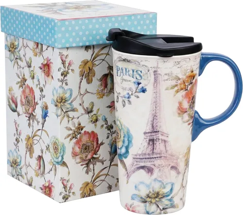 Miniatura 10 de Topadorn Taza de cerámica de 17 onzas con tapa y asa, taza de café de plumas coloridas con caja de regalo, taza de té grande para mujeres, oficina