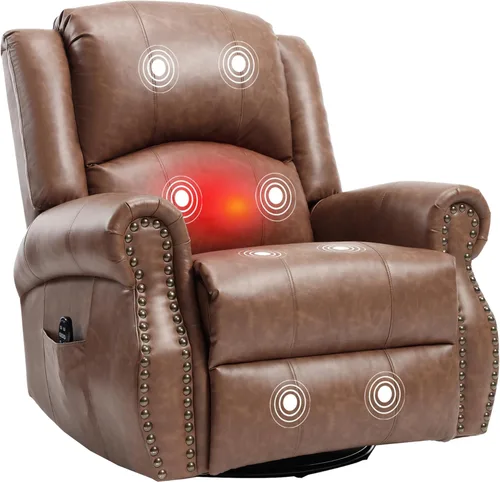 Miniatura 12 de PELUMY Silla reclinable giratoria de cuero transpirable para adultos, balancín giratorio de 360° con masaje térmico y vibratorio, silla de descanso