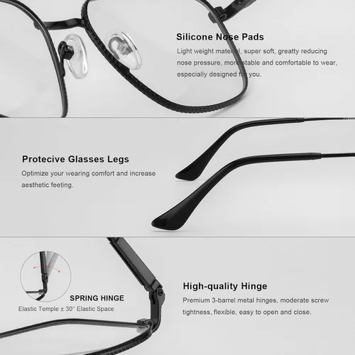 Miniatura 5 de Gafas de lectura cuadradas clásicas para hombres y mujeres, bloqueo de luz, lectura de computadora, bisagra de resorte, marco de metal, patas