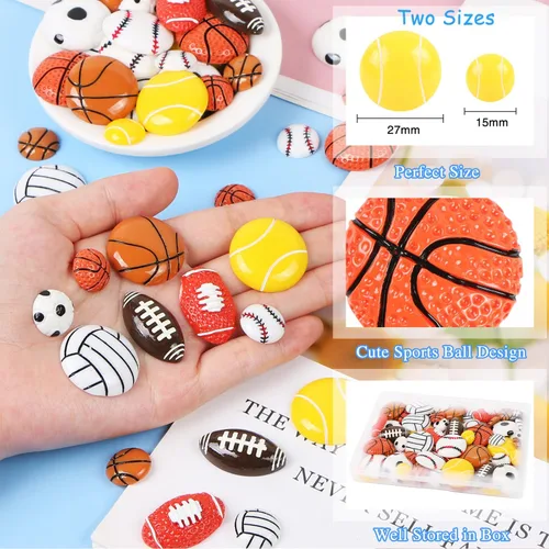 Miniatura 2 de 56 bolas deportivas de resina para manualidades, con parte trasera plana, adornos de temática deportiva, fútbol, baloncesto, béisbol, voleibol