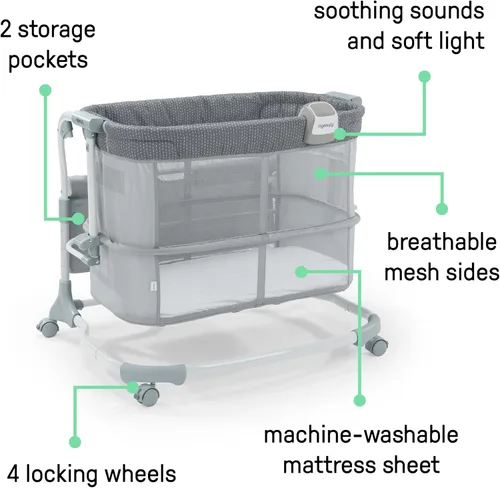 Miniatura 3 de Ingenuity Snooze & Stow - Moisés portátil para bebé, fácil de plegar con sonido, luz, vibración, laterales de malla, estante de almacenamiento