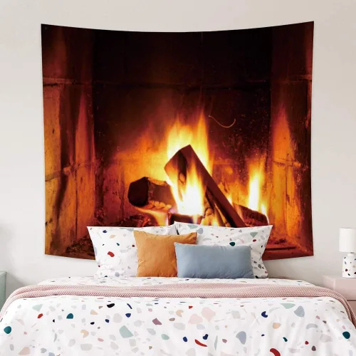 Miniatura 4 de Haoyiyi Tapiz de fuego ardiente de 33.9 x 27.6 pulgadas, chimenea de madera de Navidad, ladrillo brillante, para colgar en la pared, vintage